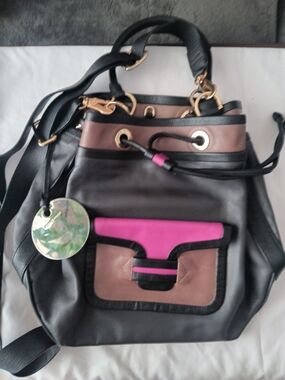 Pierre Hardy Leather Colorblock Drawstring Backpack - Black, Pink & Taupe